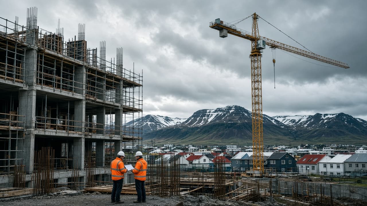 Nýbygging í uppsteypu á Íslandi með byggingarkrana og fjöll í baksýn